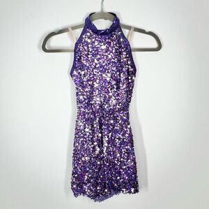 Curtain Call Purple Silver Sequin Halter Neck Open Back Dance Dress Child Large
